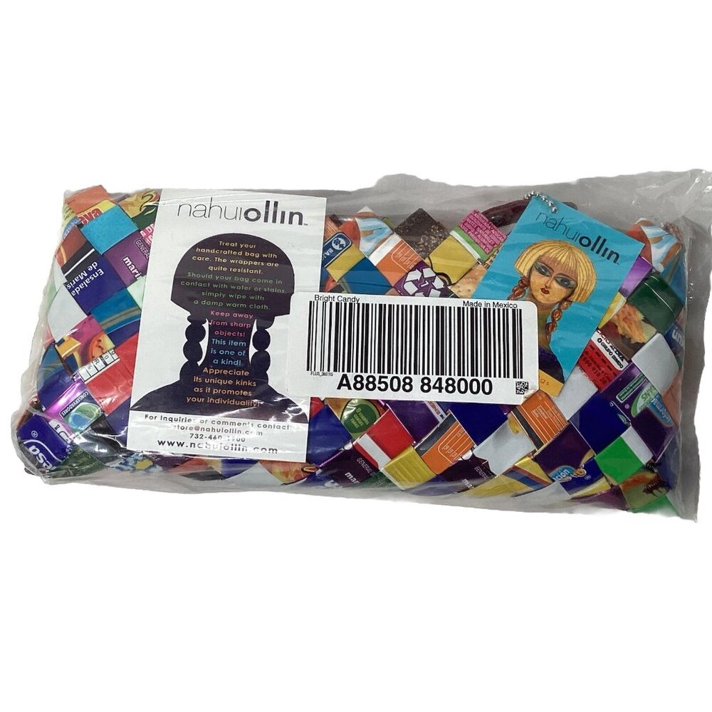 Nahui Ollin Woven Candy Wrapper Wristlet 10” Bag Clutch Purse Strap Multicolor - Picture 2 of 5